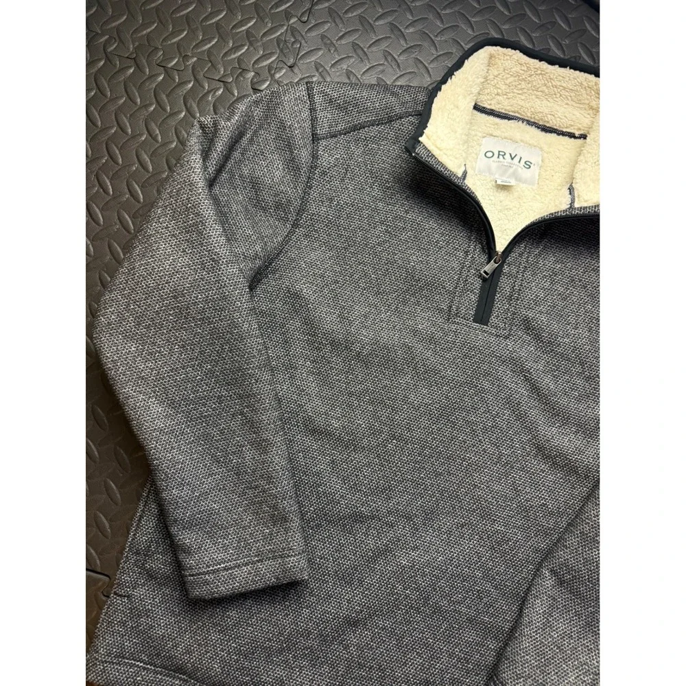Orvis Mens XL Gray Sherpa Lined Quarter Zip Pullover Textured Knit Sweater